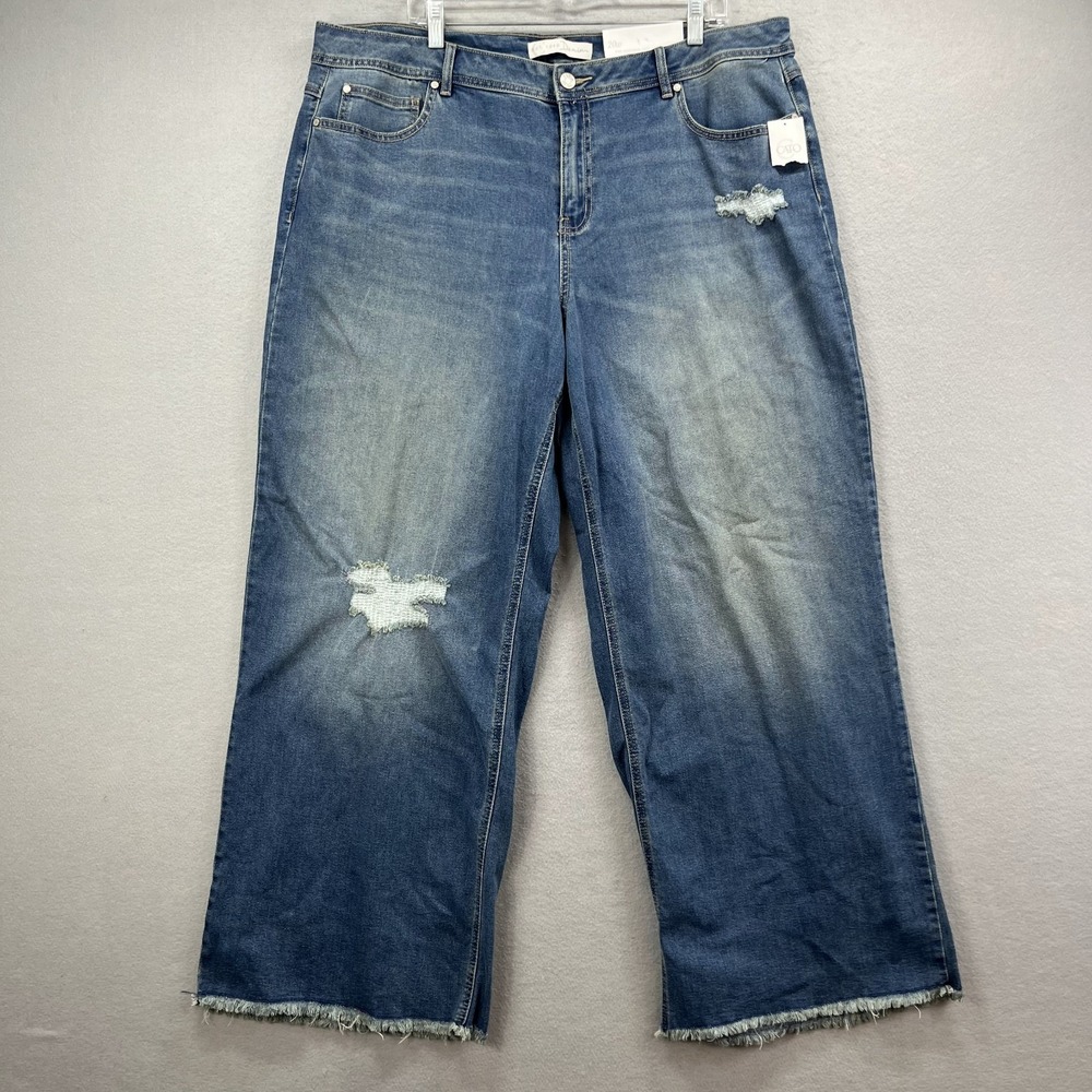 Cato Jeans Womens 20W Blue Denim Pants Hi-Rise Wide Baggy Distressed Frayed‎ Raw